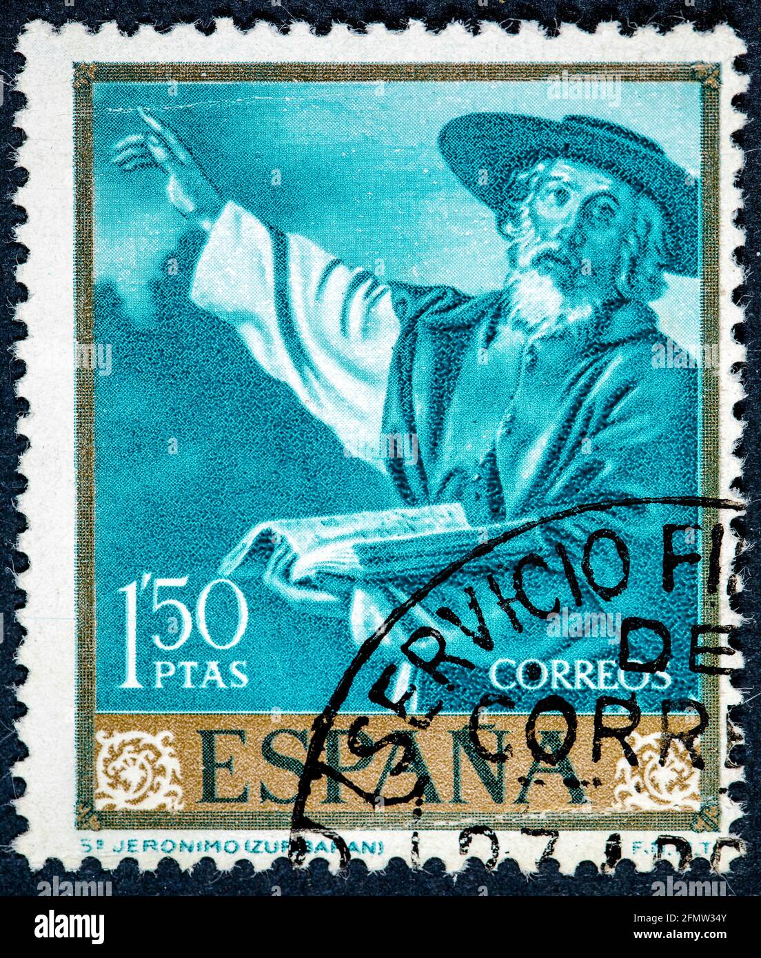 SPANIEN - UM 1962: Die von Spanien gedruckte Briefmarke zeigt das Bild des Heiligen Jeronimo von Zurbaran Stockfoto