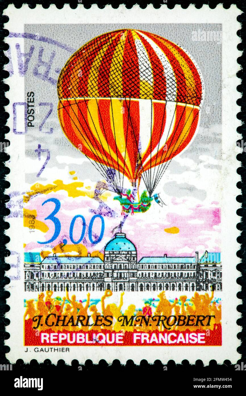 Frankreich - um 1983: Briefmarke gedruckt von Frankreich, zeigt zweite Himmelfahrt des Menschen in der Atmosphäre, Professor Jacques Alexandre Cesar Charles und Nicolas L. Stockfoto