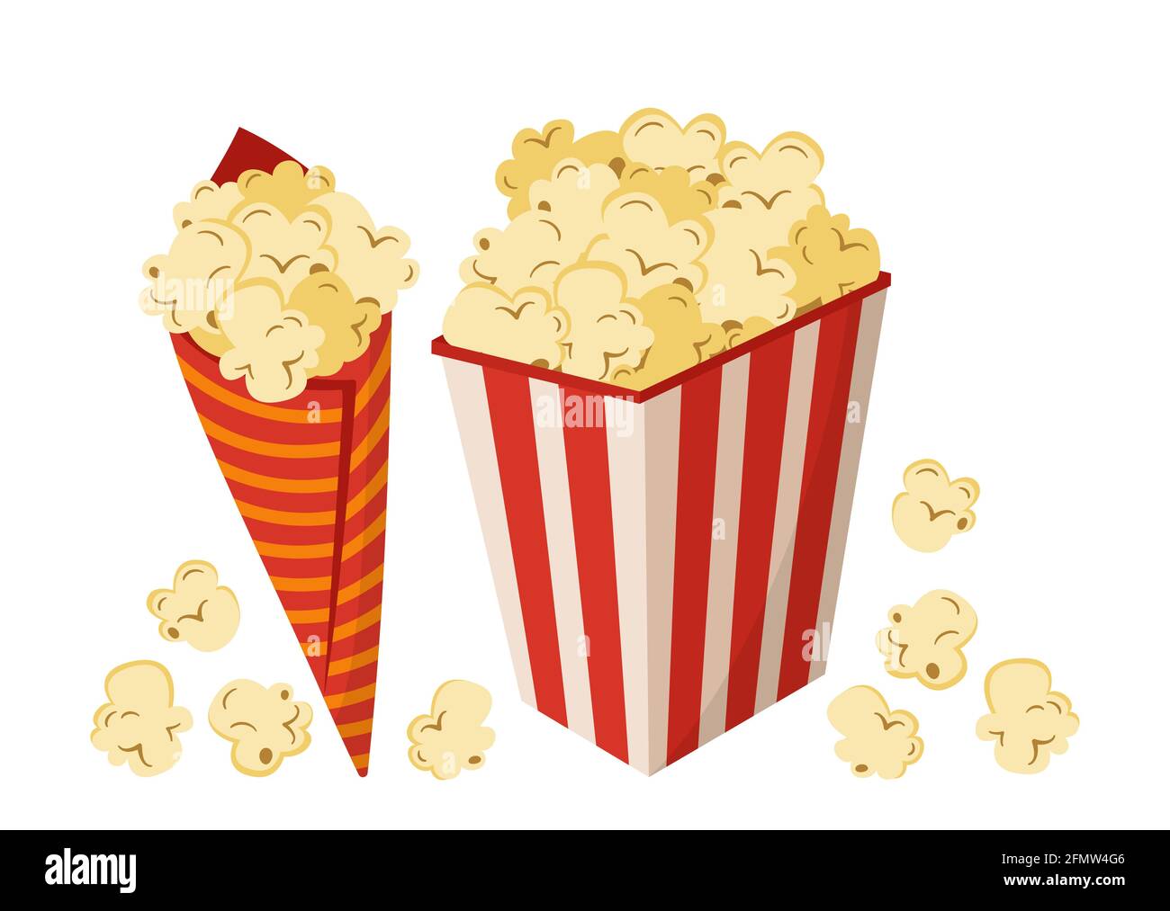 Popcorn Cartoon Farbset. Getreide Popcornbox und Horn. Kinokonzept, Film ansehen. Imbiss zum Mitnehmen, Fast-Food-Snack-Kino-Poster. Flache klassische gestreifte Pappe, Junk-Food-Menü. Handgezeichneter Vektor Stock Vektor