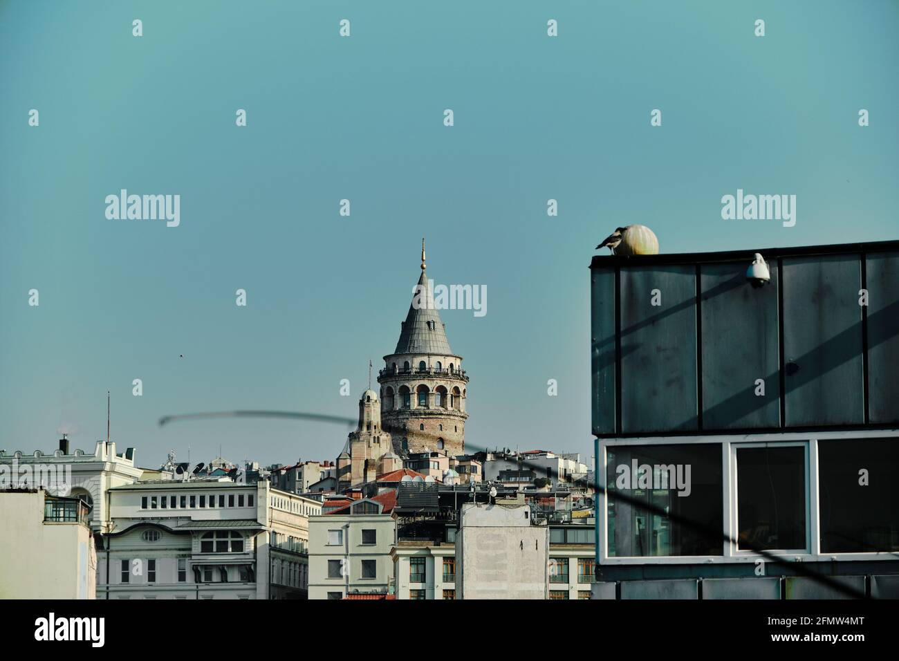 Menschen, die auf der galata-Brücke im bosphorus istanbul und im Hintergrund des galata-Turms fischen. Menschen bleiben Abstand und tragen medizinische Maske aufgrund von Pandemie-Prot Stockfoto