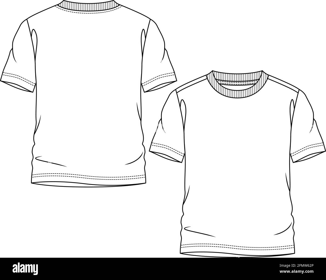 Jungen Kurzarm-T-Shirt Mode flache Skizze Vorlage. Junge Männer Technische Mode Illustration. Besatz mit Rundhalsausschnitt und Rückenausschnitt Stock Vektor