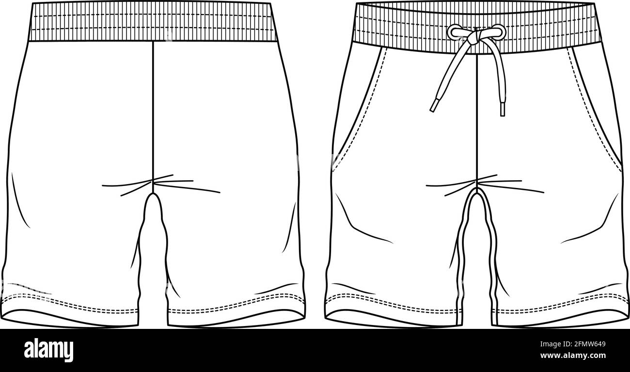 Sweatshorts für Jungen Bermuda in modischer, flacher Skizzenvorlage. Junge Männer Technische Mode Illustration. Stock Vektor