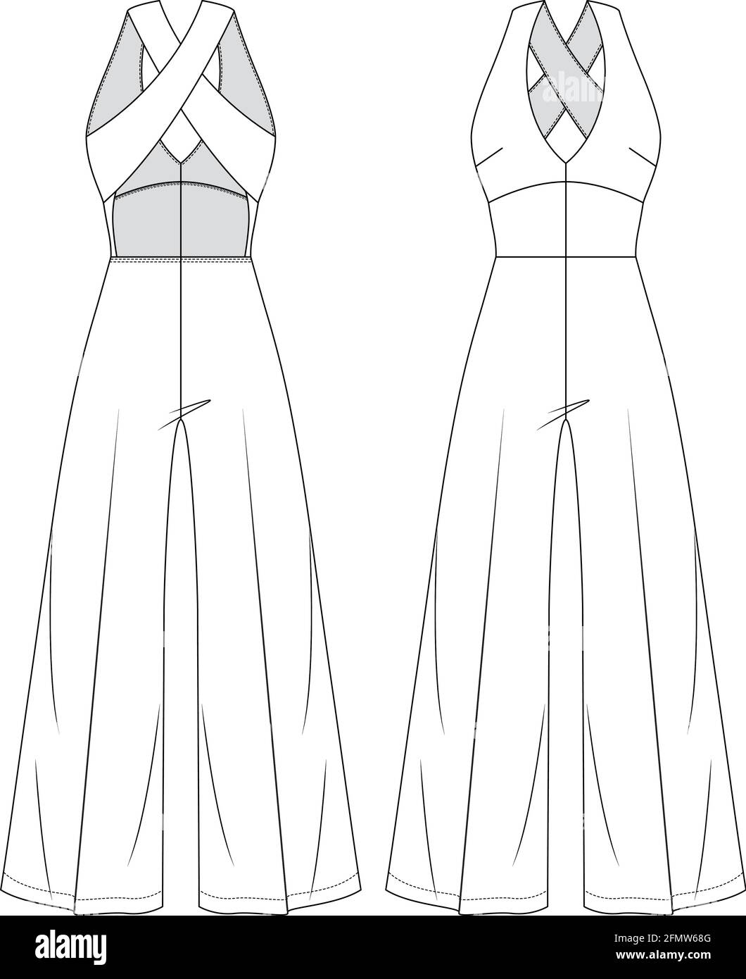 Frauen Offener Rücken Jumpsuit Vector Fashion flache Skizzen. Mädchen Mode Technische Illustration Vorlage. Weite Beine. Niedriger V-Ausschnitt. Halfter-Top-Optik Stock Vektor