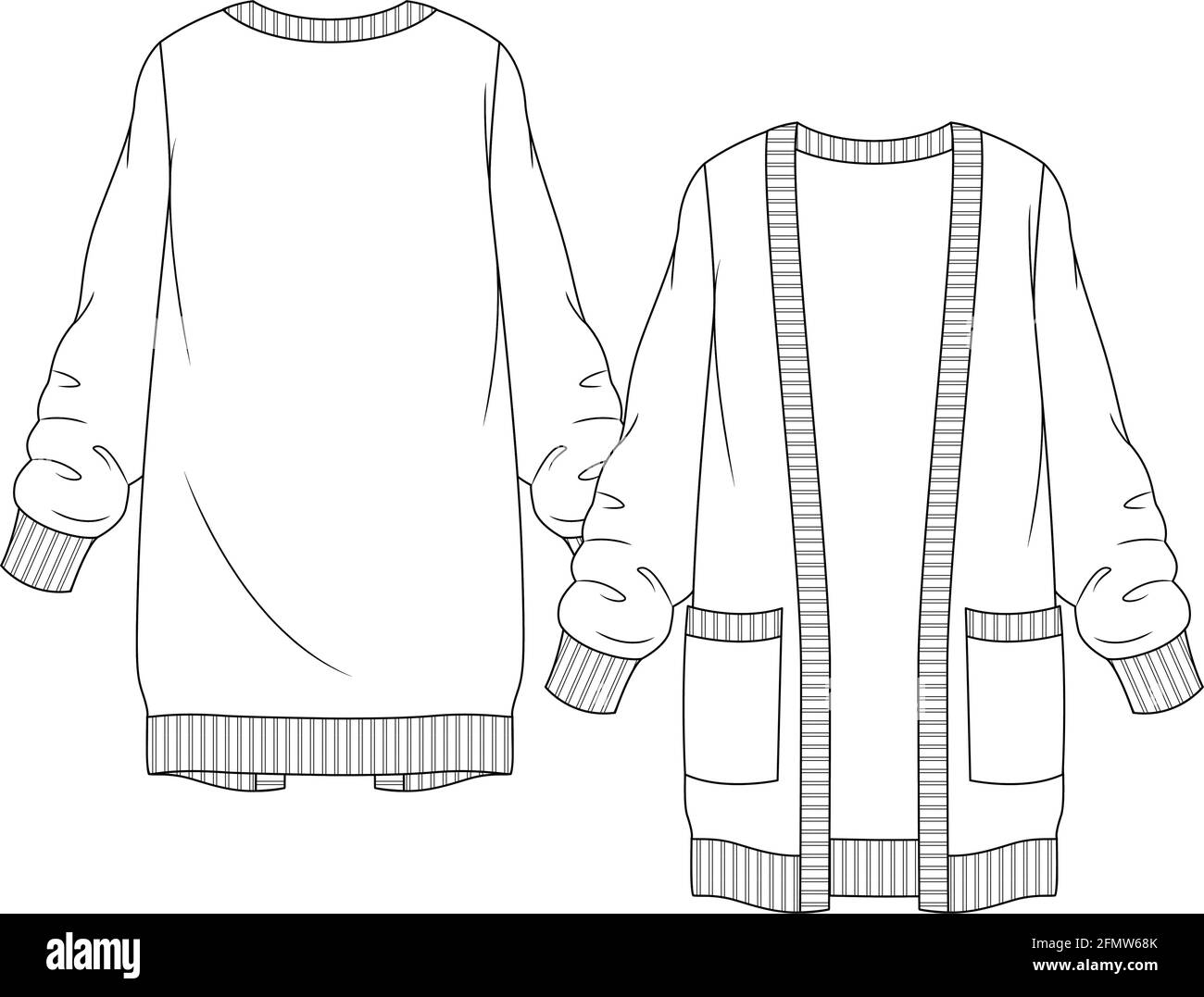 Damen Pullover Strickjacke mit großen Taschen Mode flache Skizze Vorlage. Mädchen Technische Mode Illustration. Vorne offen mit großen Taschen Stock Vektor