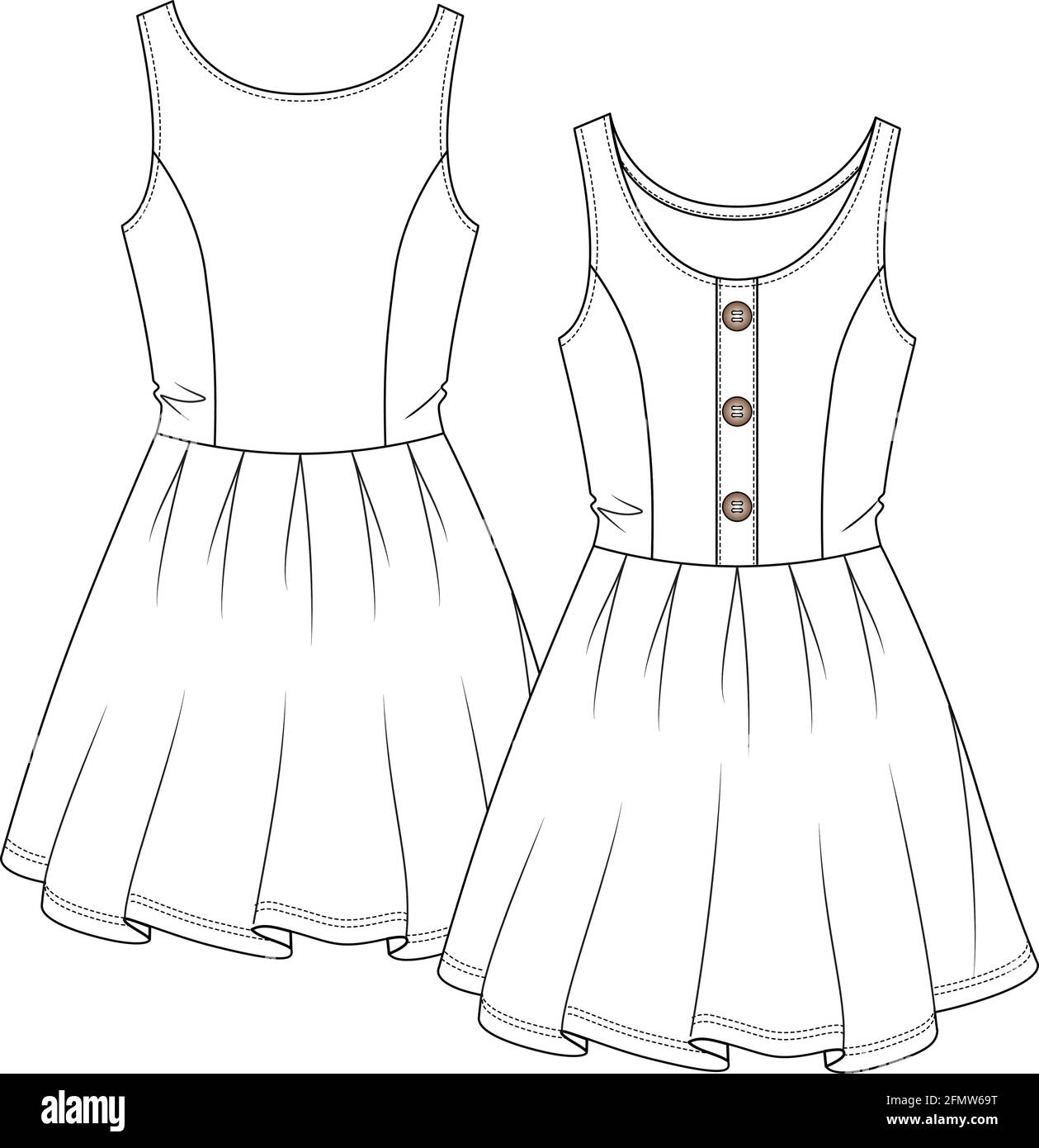 Frauen kurze Kleid flach Skizze Mode Vorlage. Mädchen Technische Mode  Illustration. Prinzessnähte. Große Knöpfe vorne. Plisseedetail  Stock-Vektorgrafik - Alamy