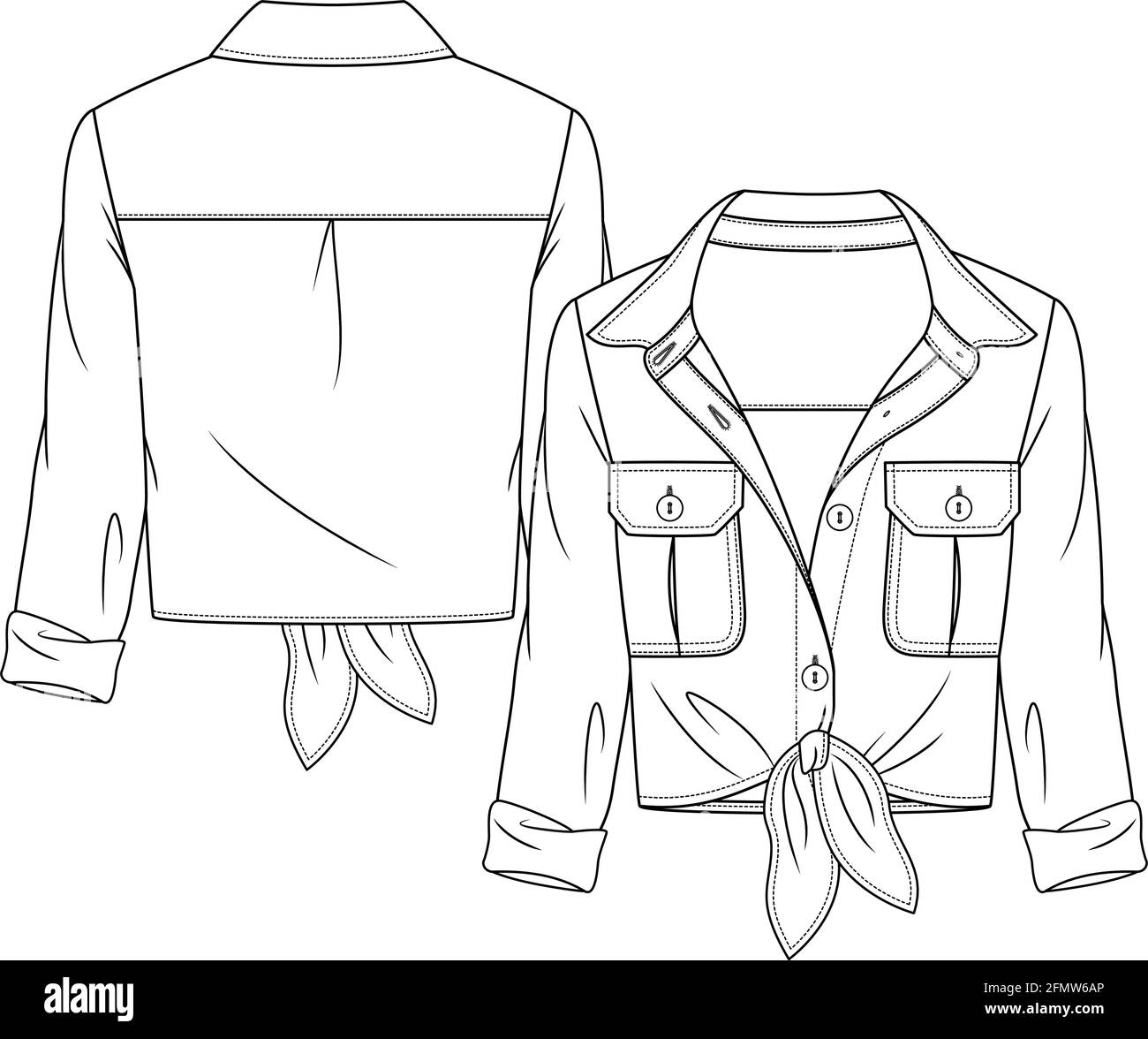 Frauen Knotted Shirt flach Mode Skizze Vorlage. Technische Fashion Illustration. Aufgerollte Ärmel. Bindebögen Vorne. Brusttaschen Mit Balg Stock Vektor