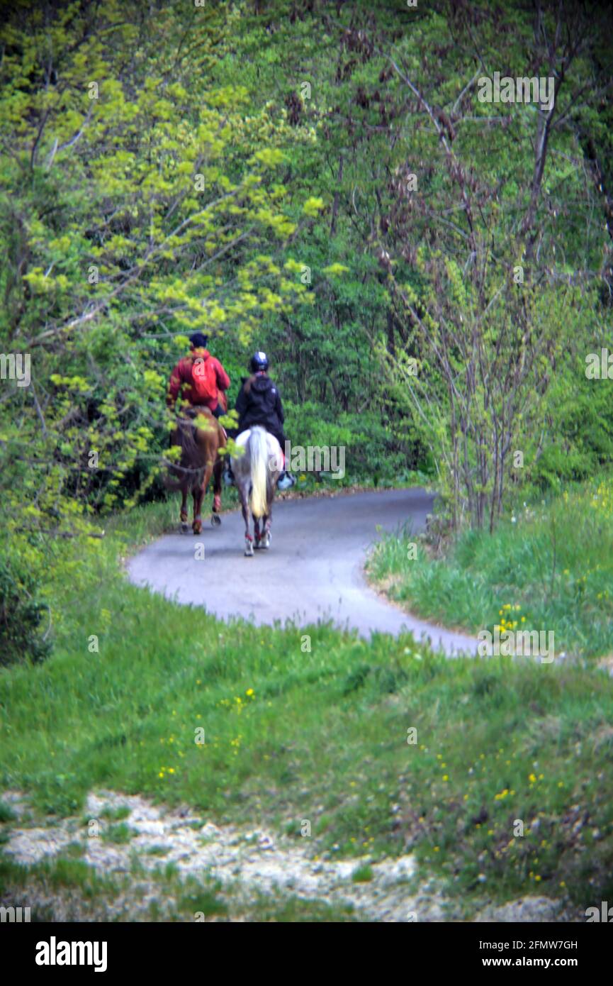 Junges Paar, das auf einer Landstraße auf einem Pferd reitet Hügel Stockfoto