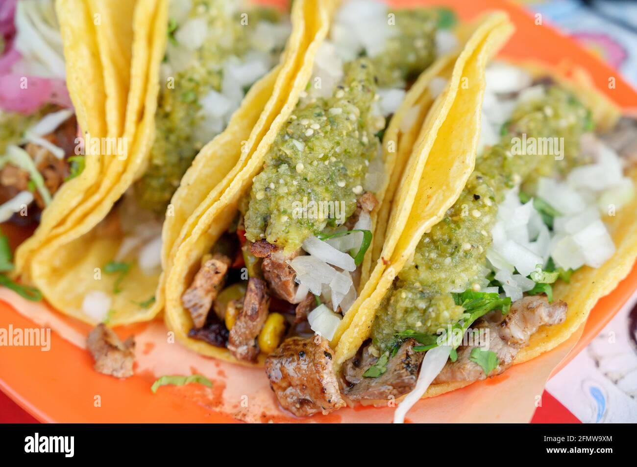 Ein Teller mit authentischen mexikanischen Tacos an einem Taco-Stand. Stockfoto