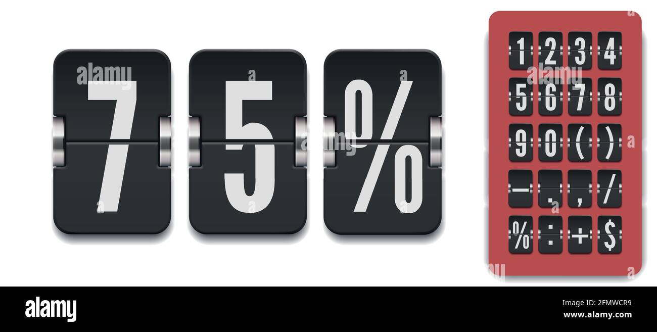 Analoges Flipboard für den Countdown-Timer auf weißem Hintergrund. Vector modernes ui-Design für alte Zeitmesser oder Kalender mit Zahlen und Symbolen. Retro Design Anzeigetafel Uhr Vorlage. Stock Vektor