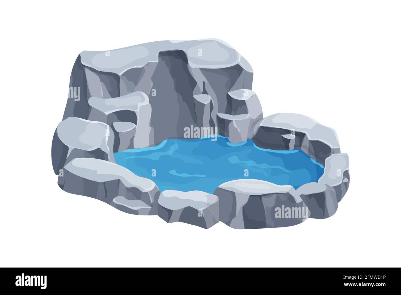Teich mit Wasser und Steinen, Natur- oder Gartendekoration im Cartoon-Stil isoliert auf weißem Hintergrund. UI-Spiel Asset, Park Pool, See. Vektor illustrr Stock Vektor