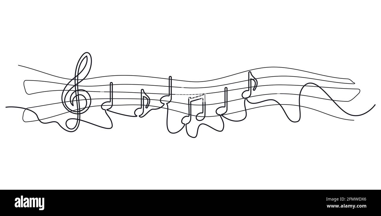 Selbstzeichnend Noten eine Zeile. Einfache schwarze musikalische Symbole der einzigen kontinuierlichen Zeichnung auf weißem Hintergrund für Banner des Festivals, Druckdesign Stock Vektor