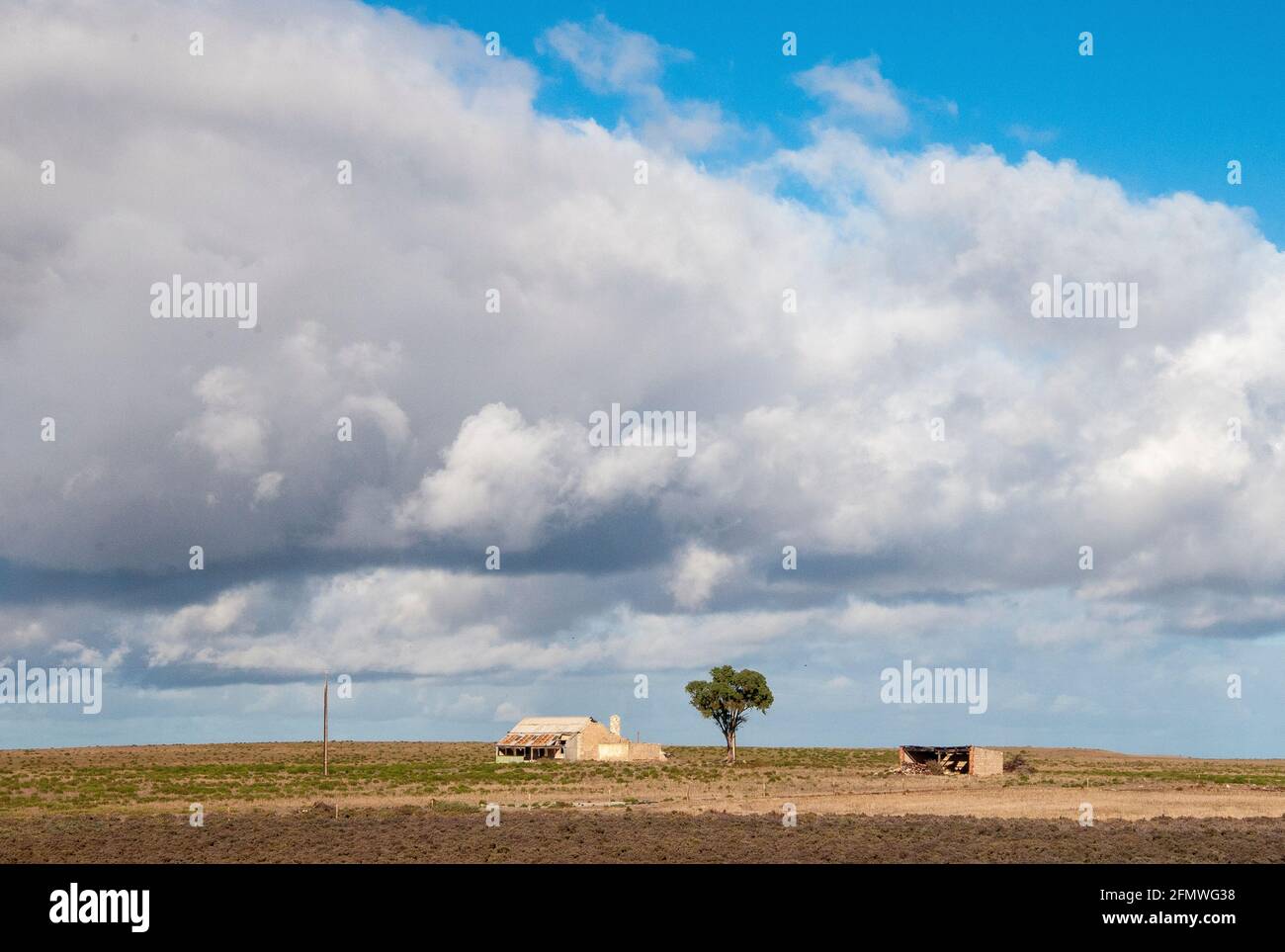 Isoliertes Bauernhaus im Südosten Südaustraliens, vom Overland-Zug zwischen Adelaide und Melbourne aus gesehen Stockfoto