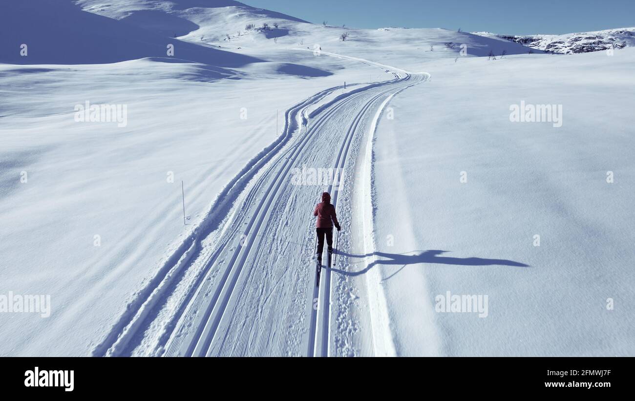 Skilanglaufläufer, die über eine schneebedeckte arktische Tundra fahren. Stockfoto