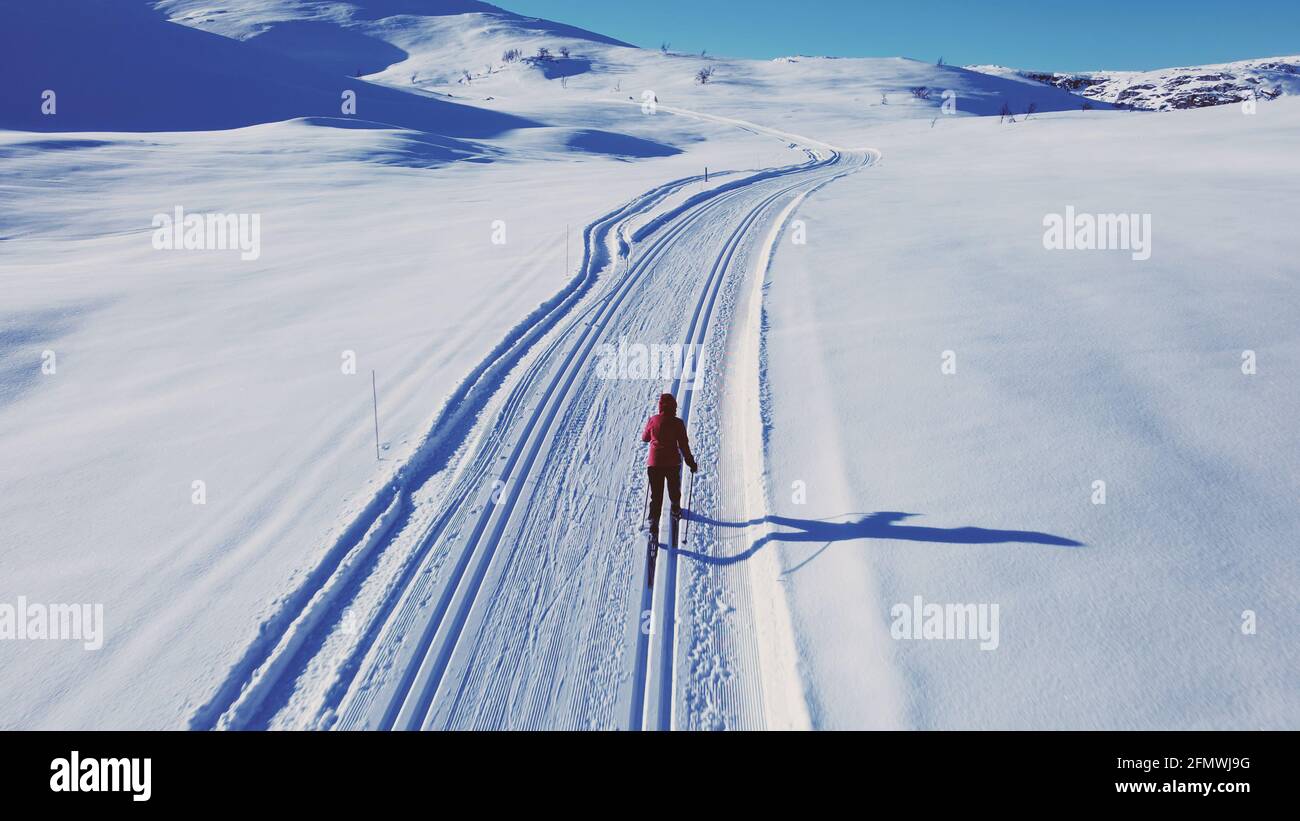 Skilanglaufläufer, die über eine schneebedeckte arktische Tundra fahren. Stockfoto