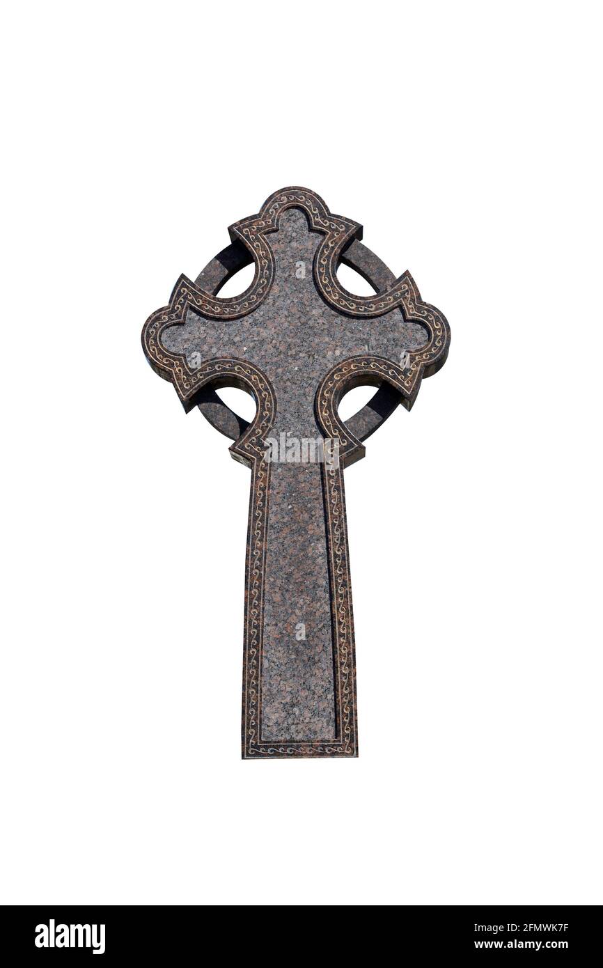 Stein christliches Kreuz isoliert auf weißem Hintergrund. Symbol des christlichen Glaubens. Hochwertige Fotos Stockfoto
