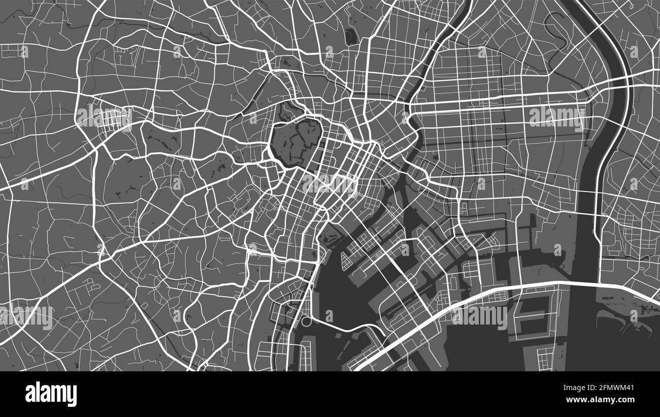 Schwarz-weiß Tokyo Stadtgebiet Vektor Hintergrundkarte, Straßen und Wasserkartographie Illustration. Breitbild-Anteil, digitale flache Design streetma Stock Vektor