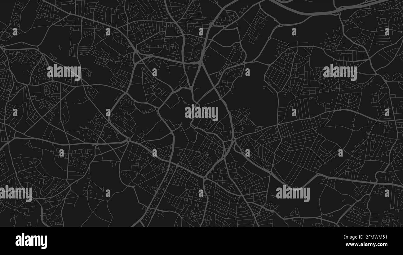 Schwarz und dunkelgrau Birmingham Stadtgebiet Vektor Hintergrundkarte, Straßen und Wasser Kartographie Illustration. Breitbild-Anteil, digitales flaches Design Stock Vektor