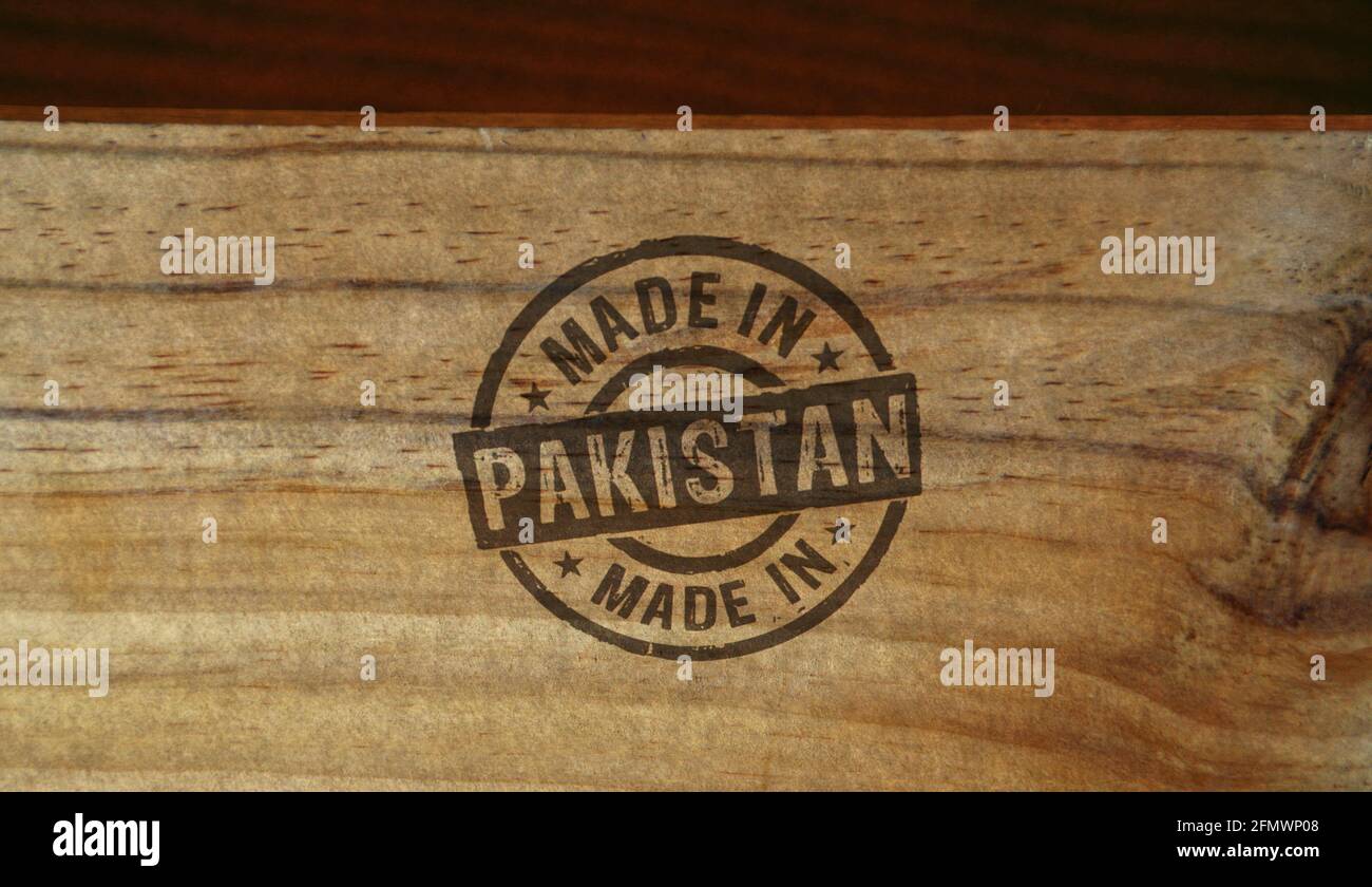 Made in Pakistan Stempel auf Holzkiste gedruckt. Fabrik-, Fertigungs- und Produktionslandkonzept. Stockfoto