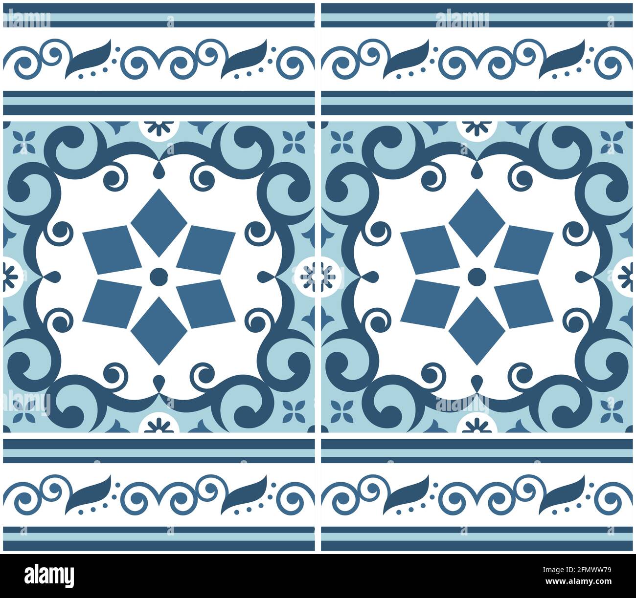 Portugiesische Azulejo Fliesen nahtlose Vektor-Muster, Retro-Design mit Rahmen oder Grenze, Blumen, Wirbel und geometrische Formen Stock Vektor