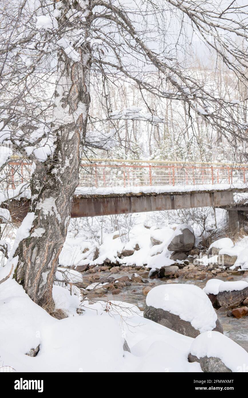 Kleine Brücke über einen Bergfluss im Winter Stockfoto