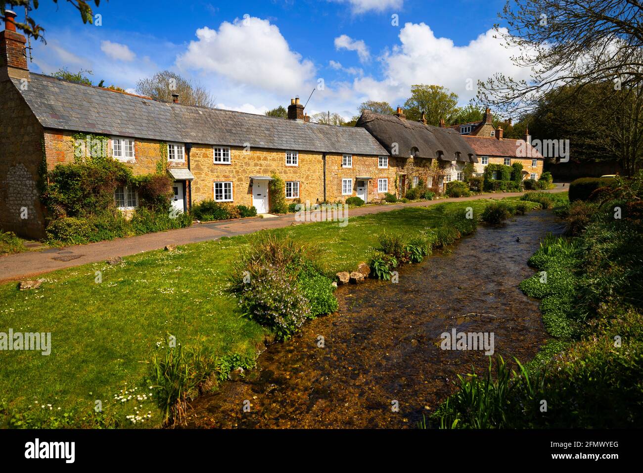 Barrington Row, Winkle Street, Cottages, Stream, pikaresk, Isle of Wight, England, Großbritannien, Stockfoto