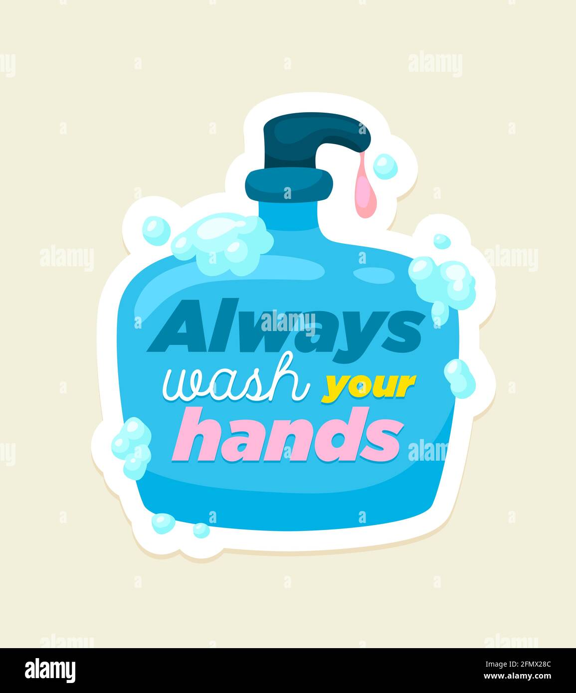 Vektorposter für Körperhygiene. Waschen Sie sich immer die Hände mit Seifenflasche und Schriftzug Konzept gesunde Lebensweise. Stock Vektor