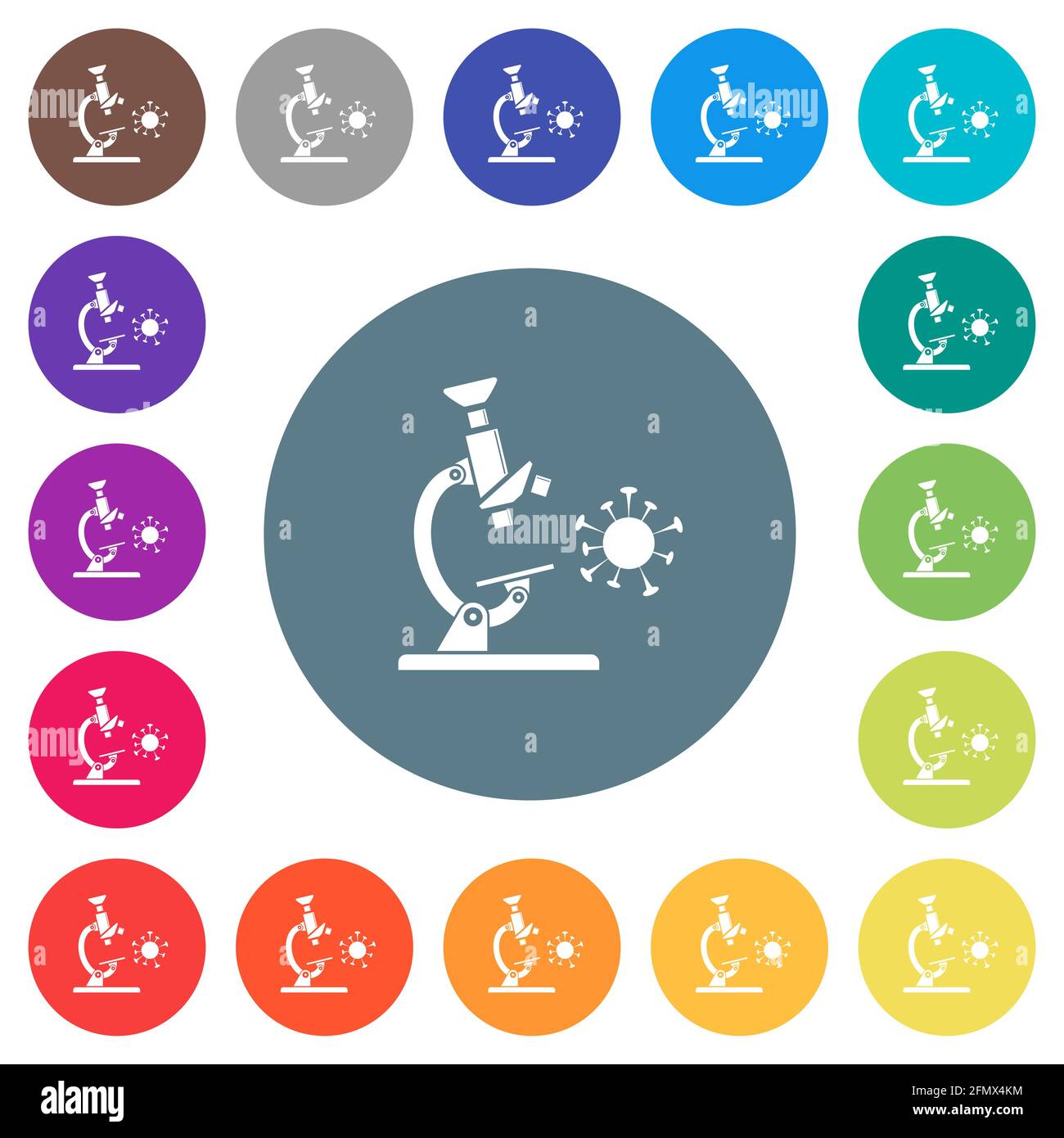 Flache weiße Symbole für Mikroskope und Viren auf runden farbigen Hintergründen. 17 Farbvarianten im Hintergrund sind enthalten. Stock Vektor