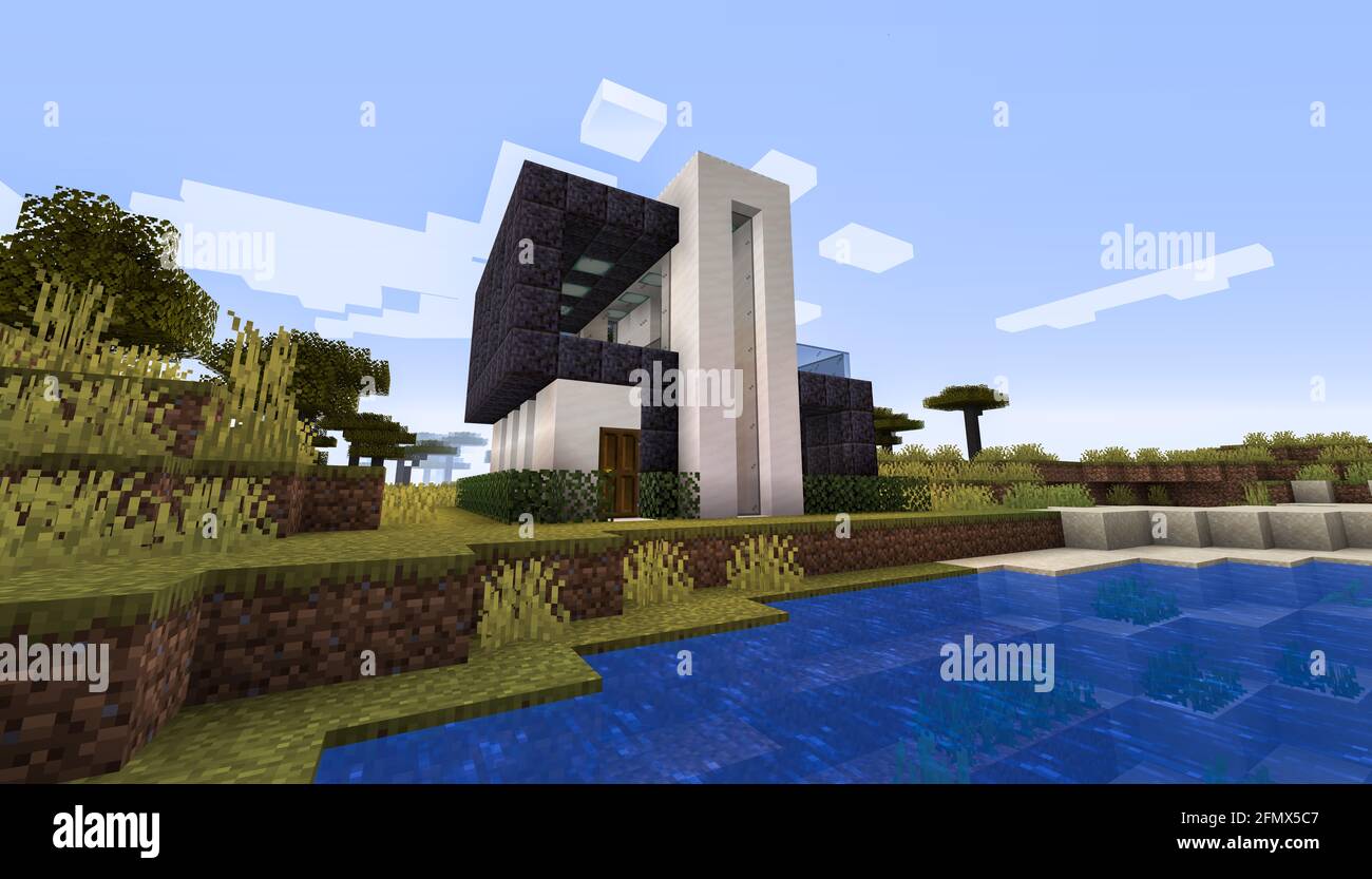 Minecraft Game – Mai 11 2021: Beispiel für modernes Haus-Design in Minecraft Game 3D-Illustration. Redaktionell Stockfoto