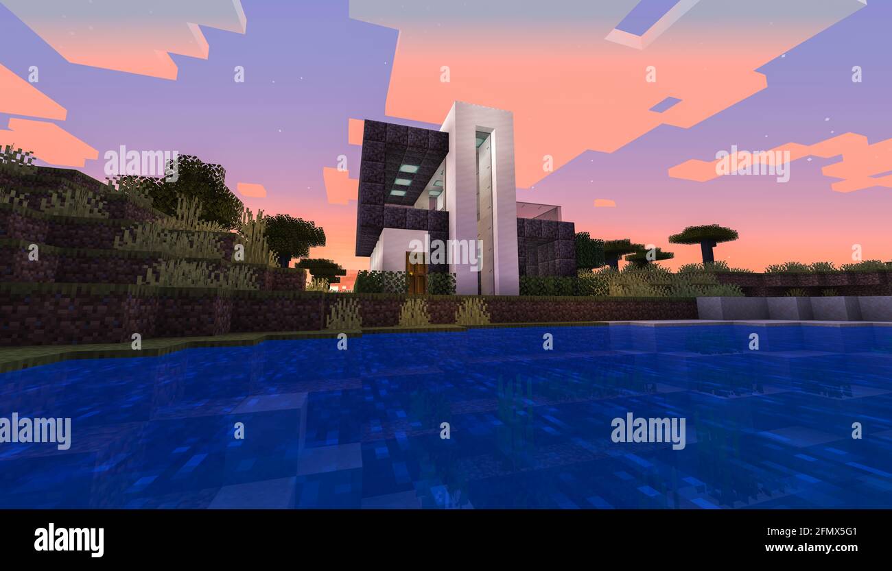 Minecraft Game – Mai 11 2021: Beispiel für modernes Haus-Design in Minecraft Game 3D-Illustration. Redaktionell Stockfoto