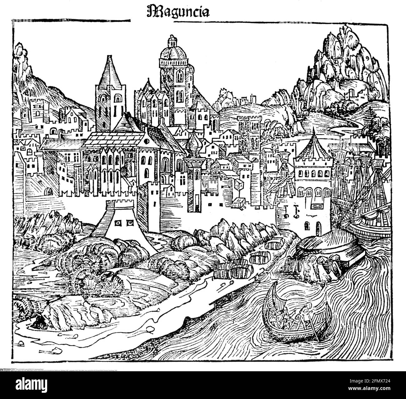 Geographie / Reisen, Städte, Mainz, Ansicht, Holzschnitt aus der Schedel Weltchronik, Nürnberg, 1493, ARTIST'S COPYRIGHT MUSS NICHT FREIGEGEBEN WERDEN Stockfoto