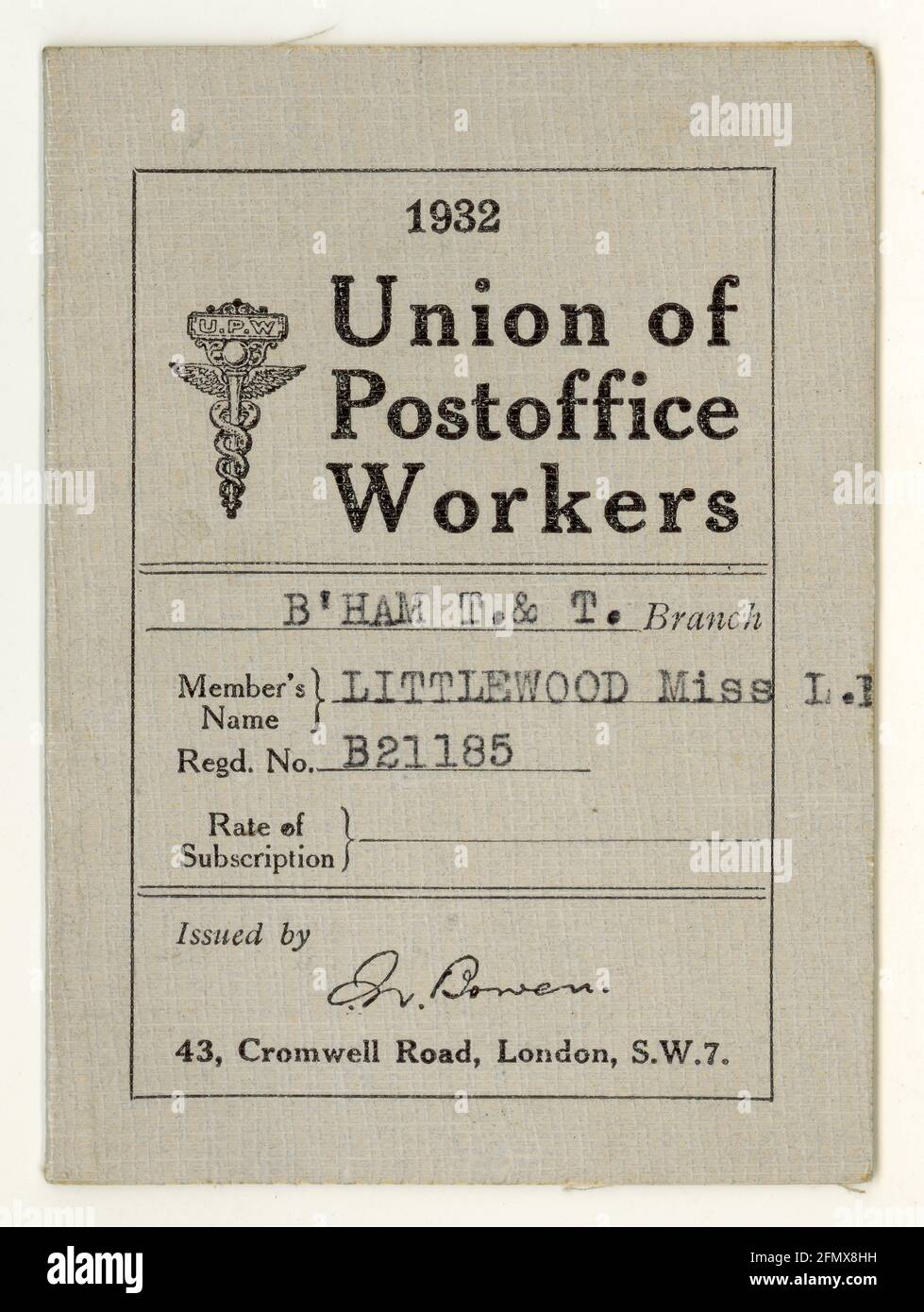 Original Union of Postoffice Workers (UPW) möglicherweise eine Mitgliedskarte, mit Quittungen für Abonnementzahlungen protokolliert - Birmingham T. & T. Niederlassung, datiert 1932, Großbritannien Stockfoto