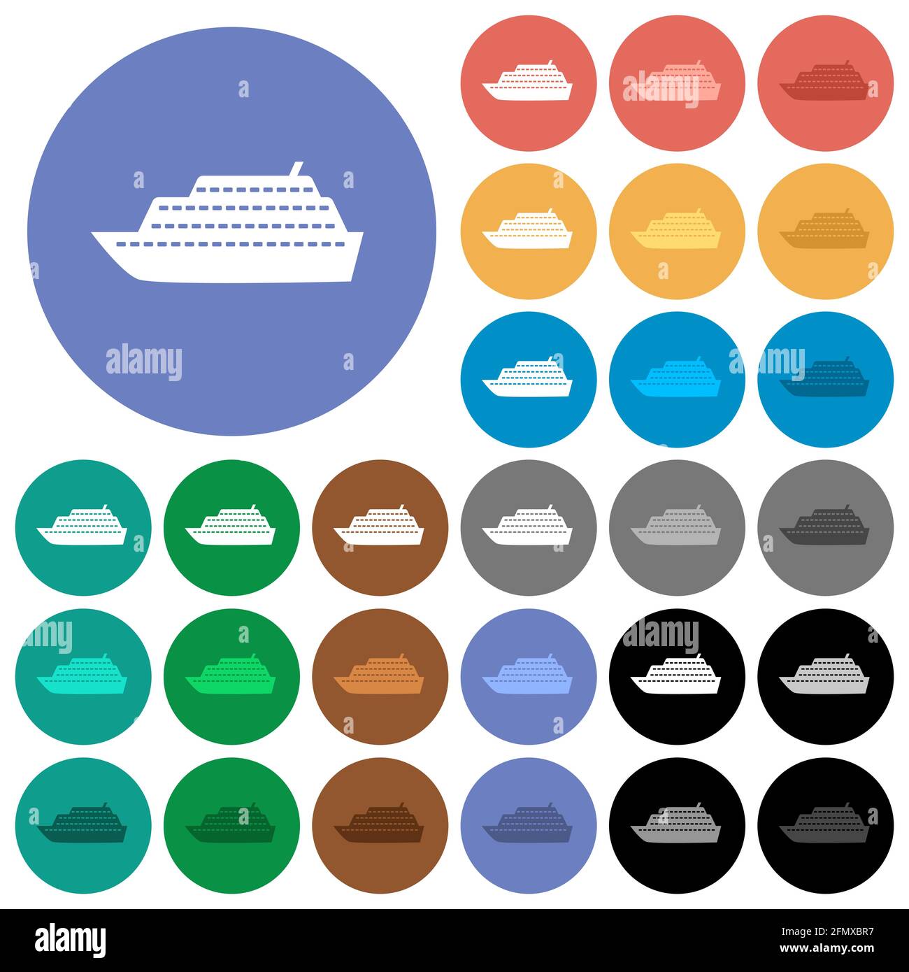 Kreuzfahrtschiff mehrfarbige flache Symbole auf runden Hintergründen. Weiße, helle und dunkle Symbolvarianten für Hover- und Active-Statuseffekte und Bon Stock Vektor