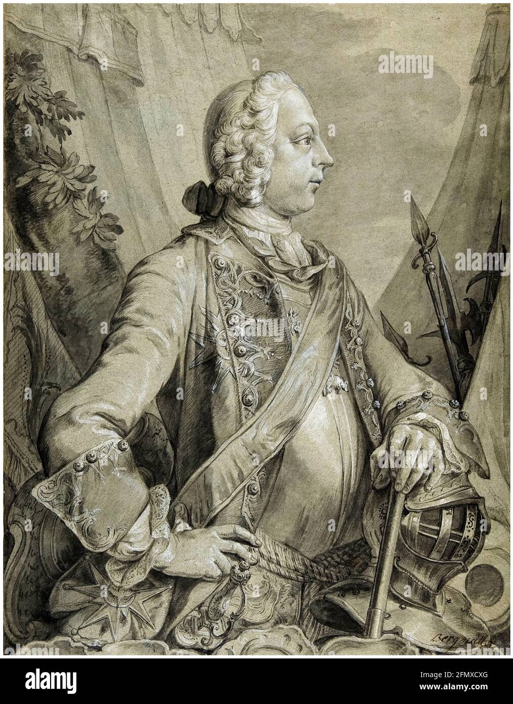 Joseph II. (1741–1790), Kaiser des Heiligen Römischen Reiches, Erzherzog von Österreich (1765–1790) als Militärkommandant, Porträtzeichnung von Johann Wolfgang Baumgartner, 1725-1761 Stockfoto