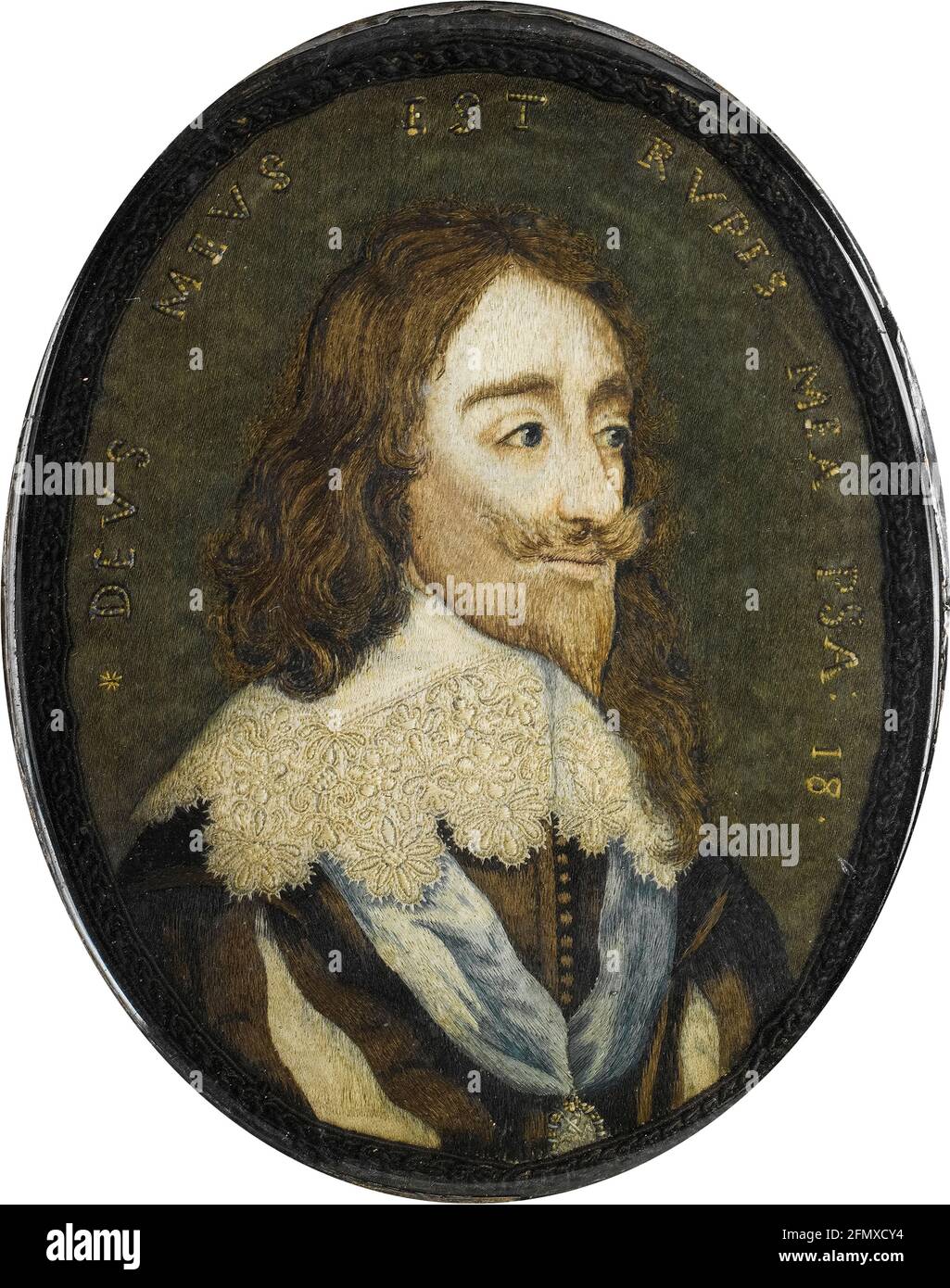 Handarbeitsportrait des englischen Königs Karl I. (1600–1649) aus dem 17. Jahrhundert, Porträtminiatur nach einem Stich von Wenzel Hollar, 1650-1670 Stockfoto