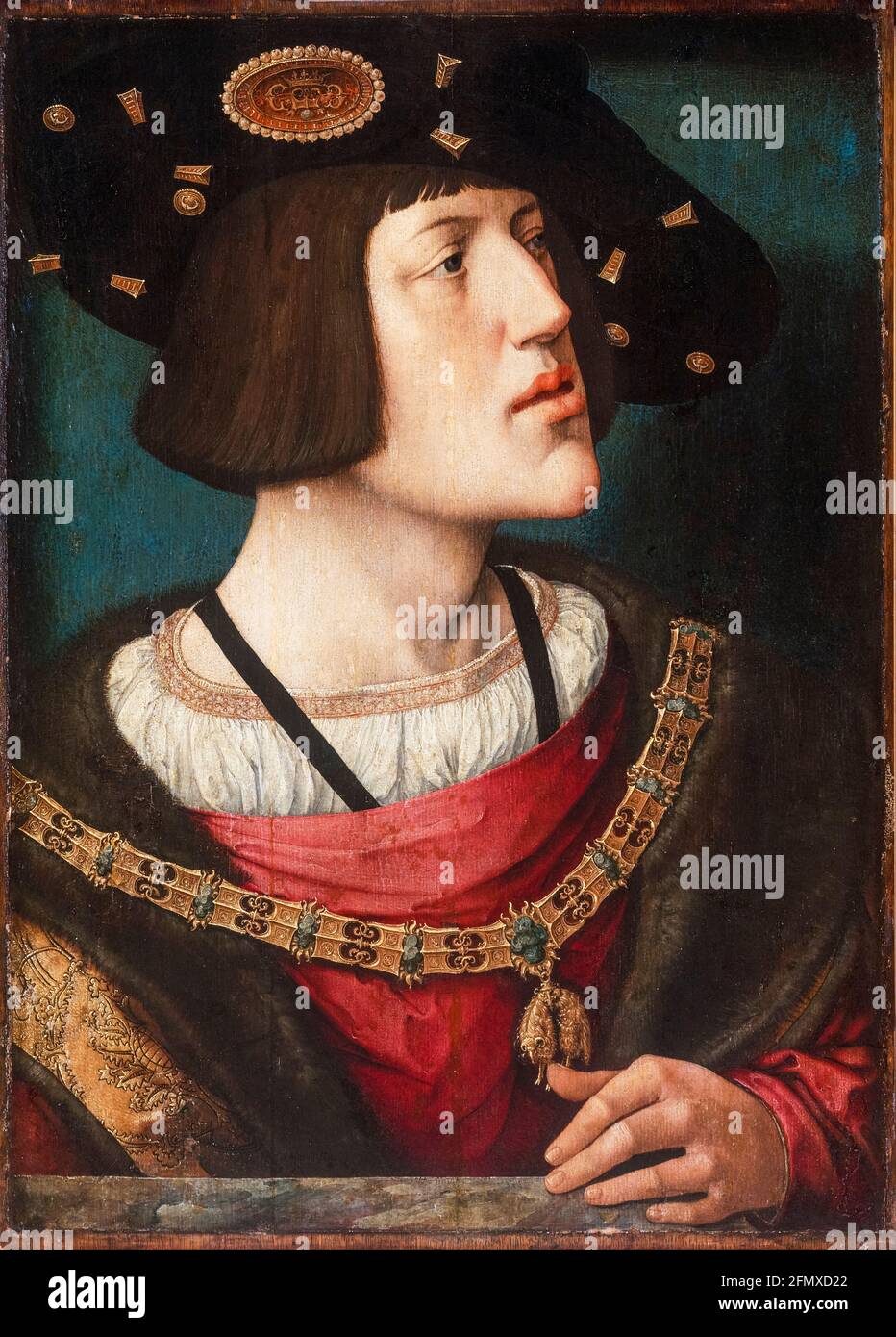 Karl V. (1500-1558), Kaiser des Heiligen Römischen Reiches (1519-1556), Ölporträt auf Tafel von Barend van Orley, 1515-1516 Stockfoto