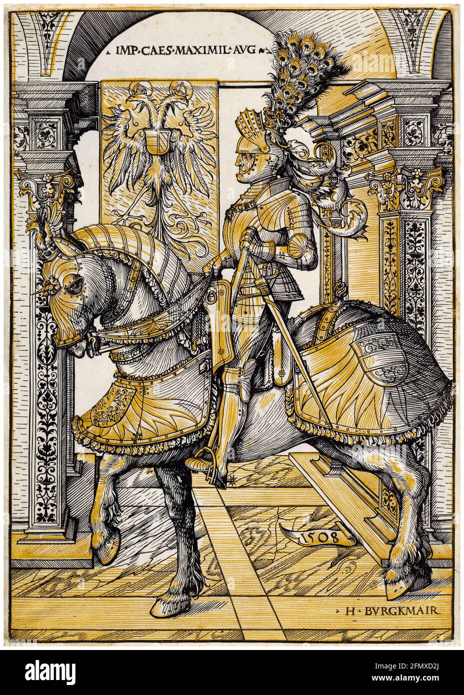 Maximilian I. (1459-1519), Kaiser des Heiligen Römischen Reiches 1508-1519, Reiterporträt von Hans Burgkmair dem Älteren, 1508 Stockfoto