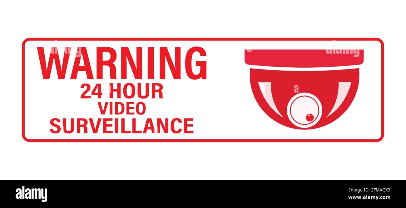 WARNUNG 24 Stunden Videoüberwachung. Vector Videoüberwachungsschild mit der Aufschrift. Leere Umrisse, flacher Stil. Stock Vektor