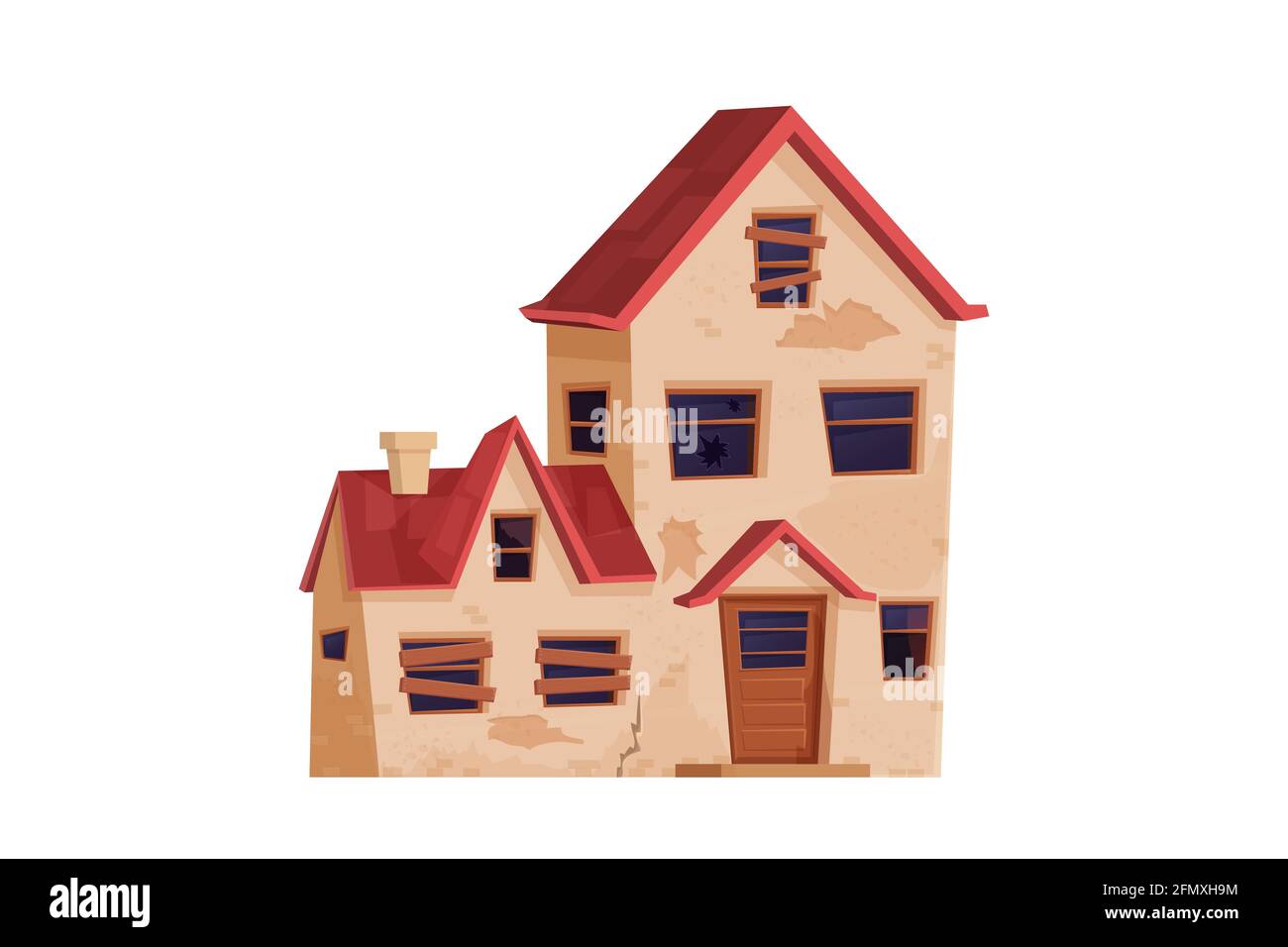 Altes verlassene Haus, Gebäude im Cartoon-Stil isoliert auf weißem Hintergrund. Kaputtes Grundstück, Holztüren und Fenster mit Löchern. Vektorgrafik Stock Vektor