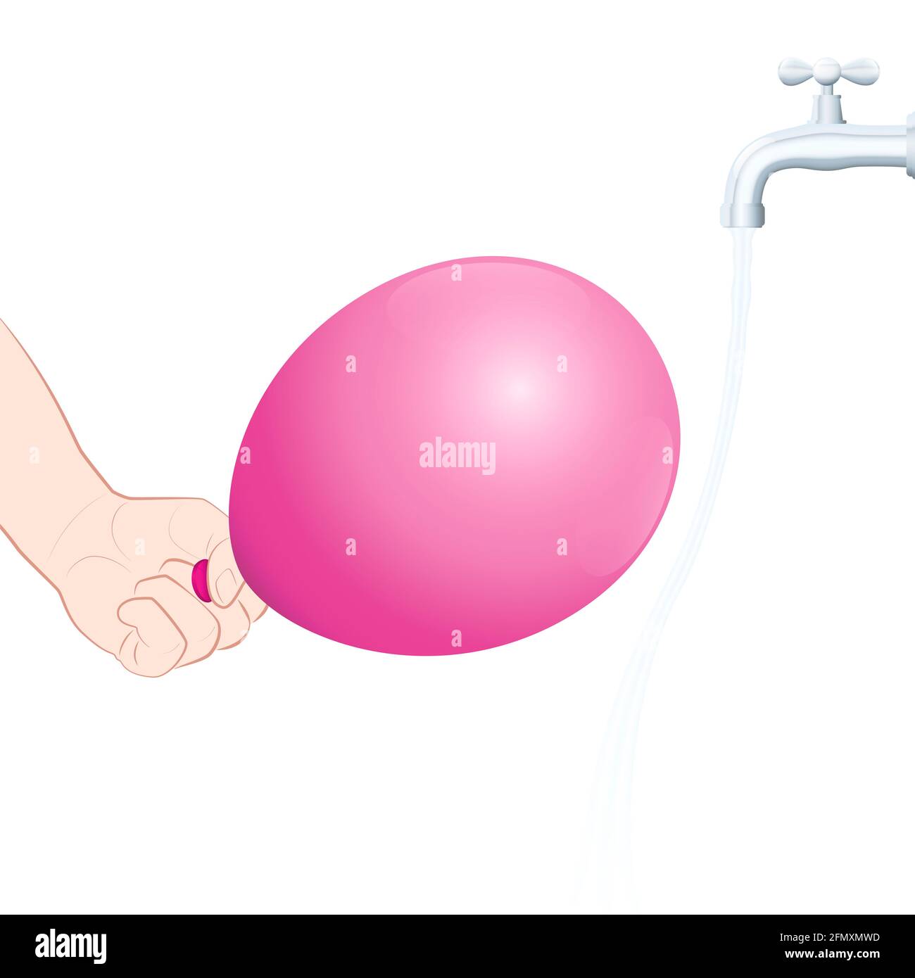 Durch einen geladenen Ballon hervorgerufene Wasserverbiegung. Statische Anziehung, physikalisches Experiment. Stellen Sie den Wasserhahn sanft auf, und reiben Sie den Ballon auf Ihrem Haar. Stockfoto