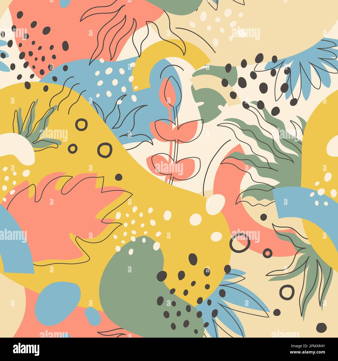 Florales abstraktes nahtloses Muster mit geometrischen Formen Blätter Vektor Illustration. Handgezeichnete bunte Blatt Laub, Punkt-Design für Print Stoff Textil-Tapete. Skandinavischer ästhetischer Hintergrund Stock Vektor