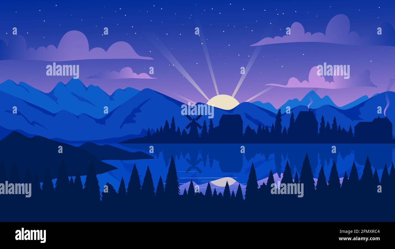 Nächtliche Berglandschaft mit Kiefernwald, See- oder Flussvektordarstellung. Cartoon Abendlandschaft, Reflexion von Fischerdorf Häuser in ruhigen blauen Wasser, Berg und Bäume Silhouette Hintergrund Stock Vektor