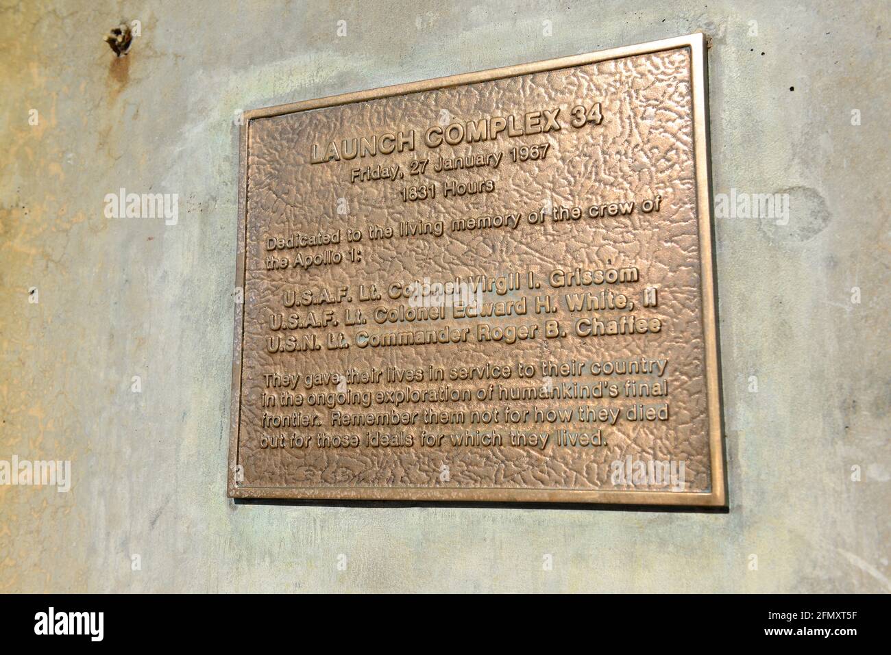 Ort des Feuers von Apollo 1, der am 27. Januar 1967 den Astronauten Gus Grissom, Ed White und Roger Chaffee das Leben kostete. Kennedy Space Center Vi Stockfoto