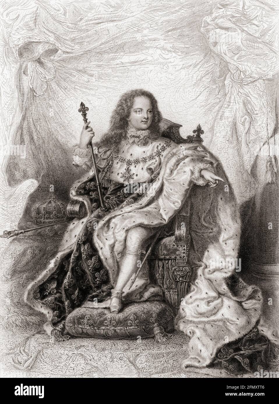 Der junge König Ludwig XV von Frankreich, 1710 - 1774. Bekannt als Louis der Geliebte, trat er im Alter von 5 Jahren dem französischen Thron bei und regierte bis zu seinem Tod 59 Jahre später im Alter von 64 Jahren. Nach einer Radierung von Jean Denis Nargeot nach einem Gemälde von Hyacinthe Rigaud. Stockfoto