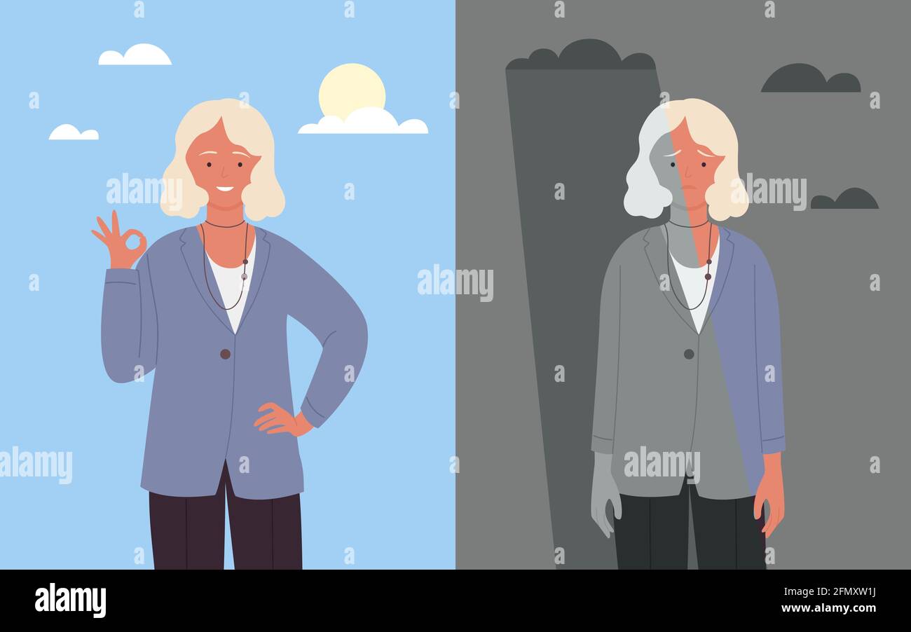 Junge Frau mit glücklich oder schlechte Stimmung Vektor Illustration. Cartoon traurige weibliche Figur hat emotionale psychische Probleme, steht unter Stress Wolken und regen, lächelnd Stock Vektor