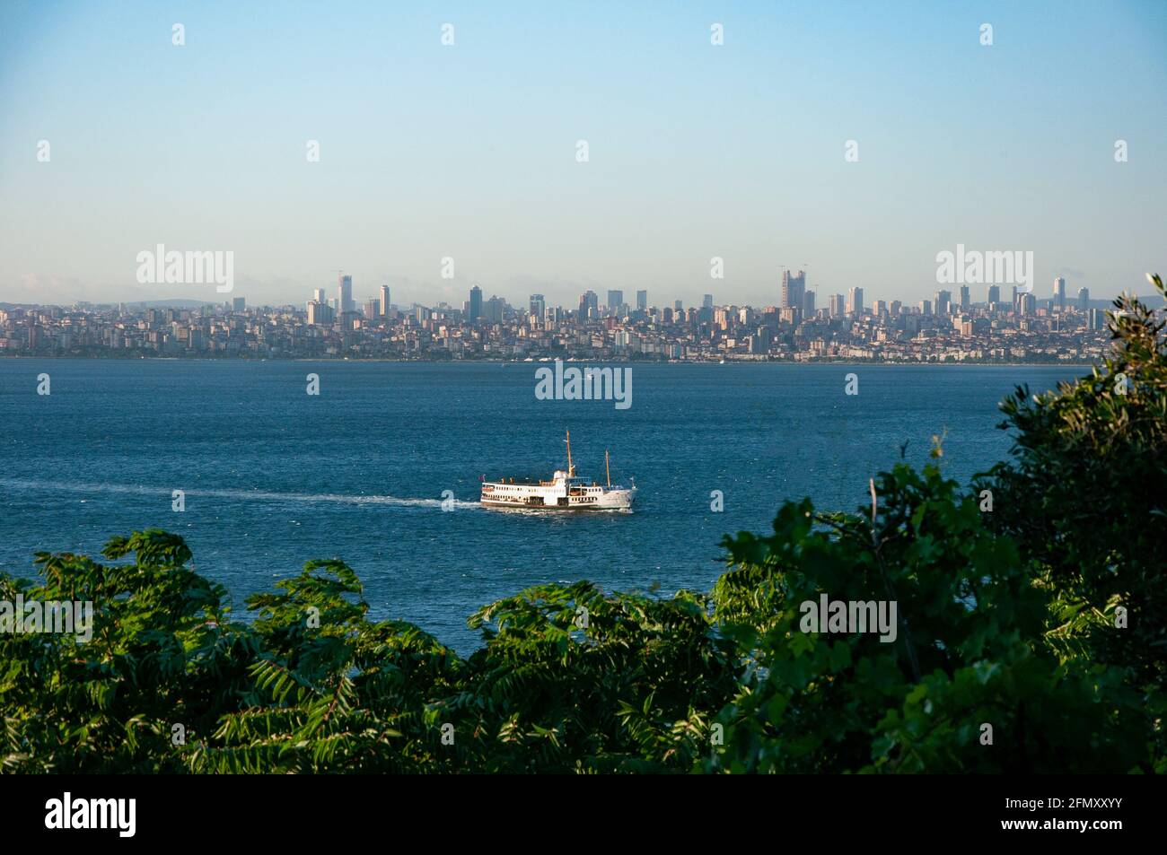 Wunderschöne Aussicht auf die Fähre, die am Ufer entlang fährt, die Stadt Istanbul im Hintergrund, eingerahmt von Bäumen Stockfoto