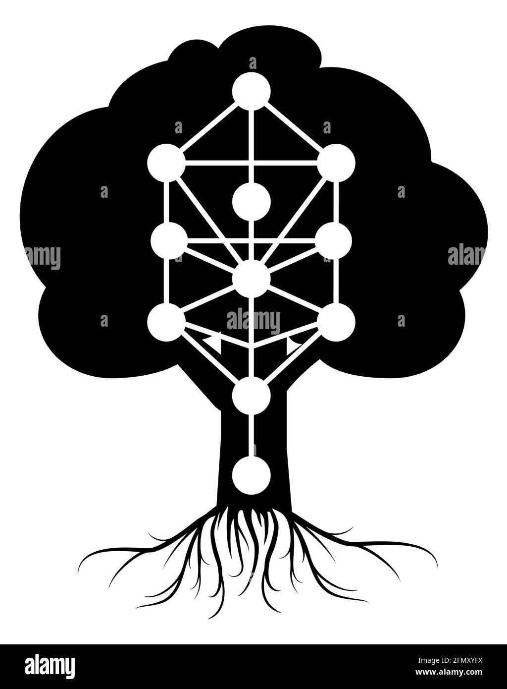 Kabbala Baum des Lebens Vektor-Symbol auf weißem Hintergrund isoliert. Monochrome Abbildung . Vereinfachtes Sepphirot-Zeichen. Hauptglyphe der Qabalisten. Stock Vektor