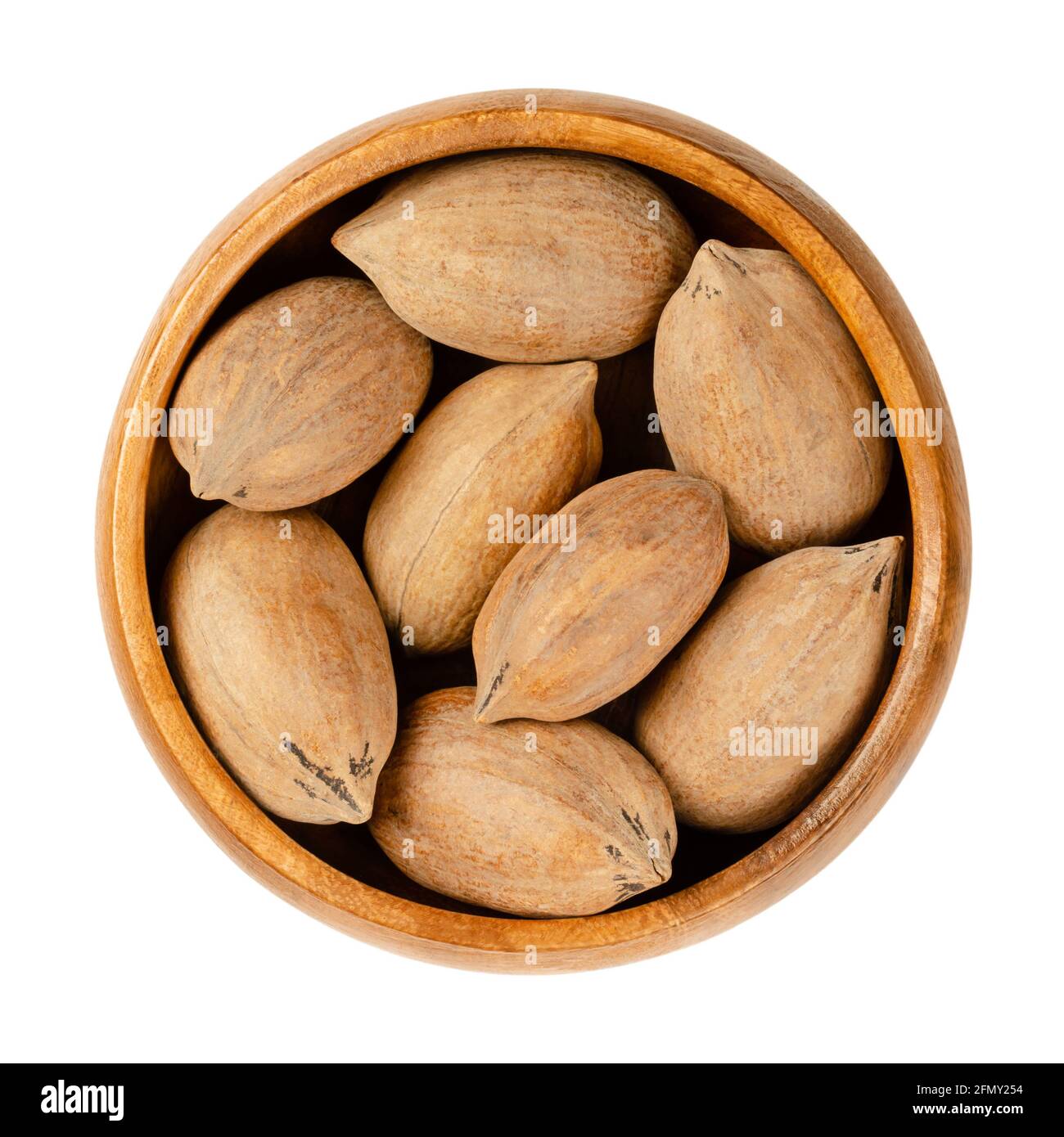 Ungeschälte Pekannüsse, in einer Holzschale. Ganze Pekannüsse, Samen und essbare Nüsse von Carya illinoinensis. Wird als Snack und in verschiedenen Rezepten verwendet. Nahaufnahme. Stockfoto