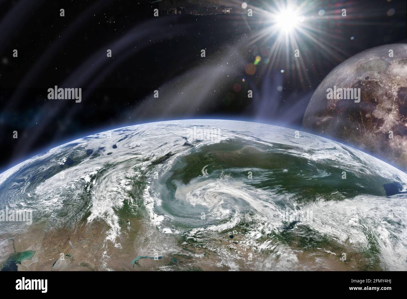 Erde aus dem All mit riesigem Mond und Hurrikan. Elemente dieses Bildes, die von der NASA eingerichtet wurden. Stockfoto