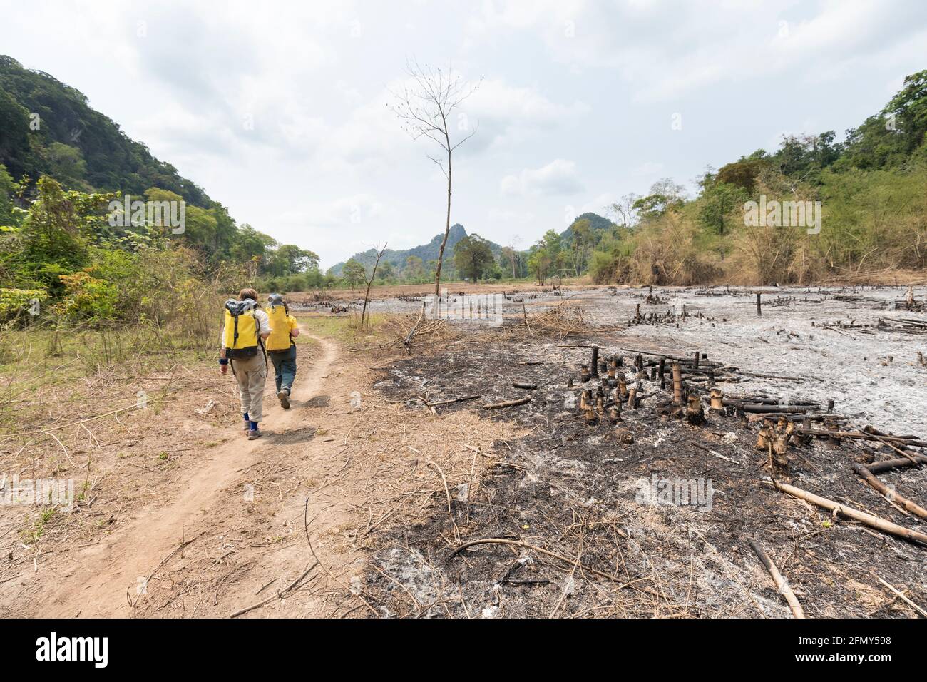 Im Gebiet des Dorfes Nong Ping, Laos, können Landrodungen für die Landwirtschaft niedergebrannt und verbrannt werden Stockfoto