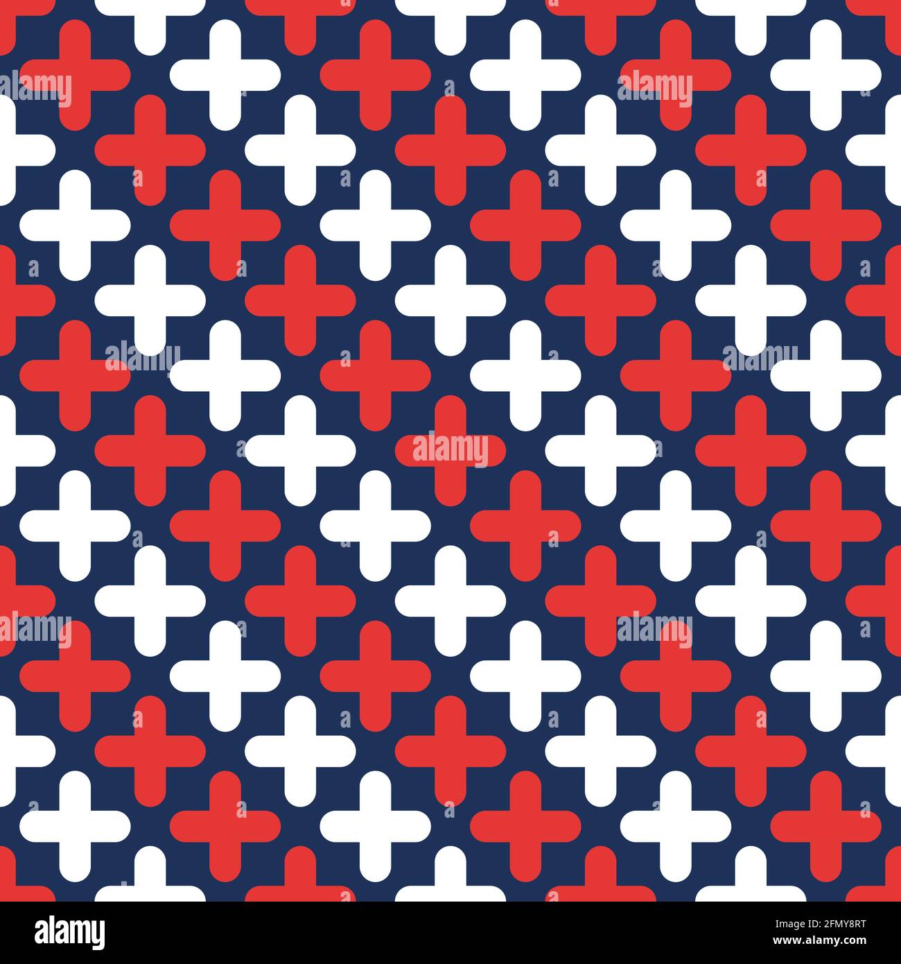 Abstraktes Vektor-nahtloses medizinisches Muster mit abgerundeten roten und weißen Kreuzen auf blauem Hintergrund. Medizinische Kreuze. Flaches Design. Farbabbildung Stock Vektor